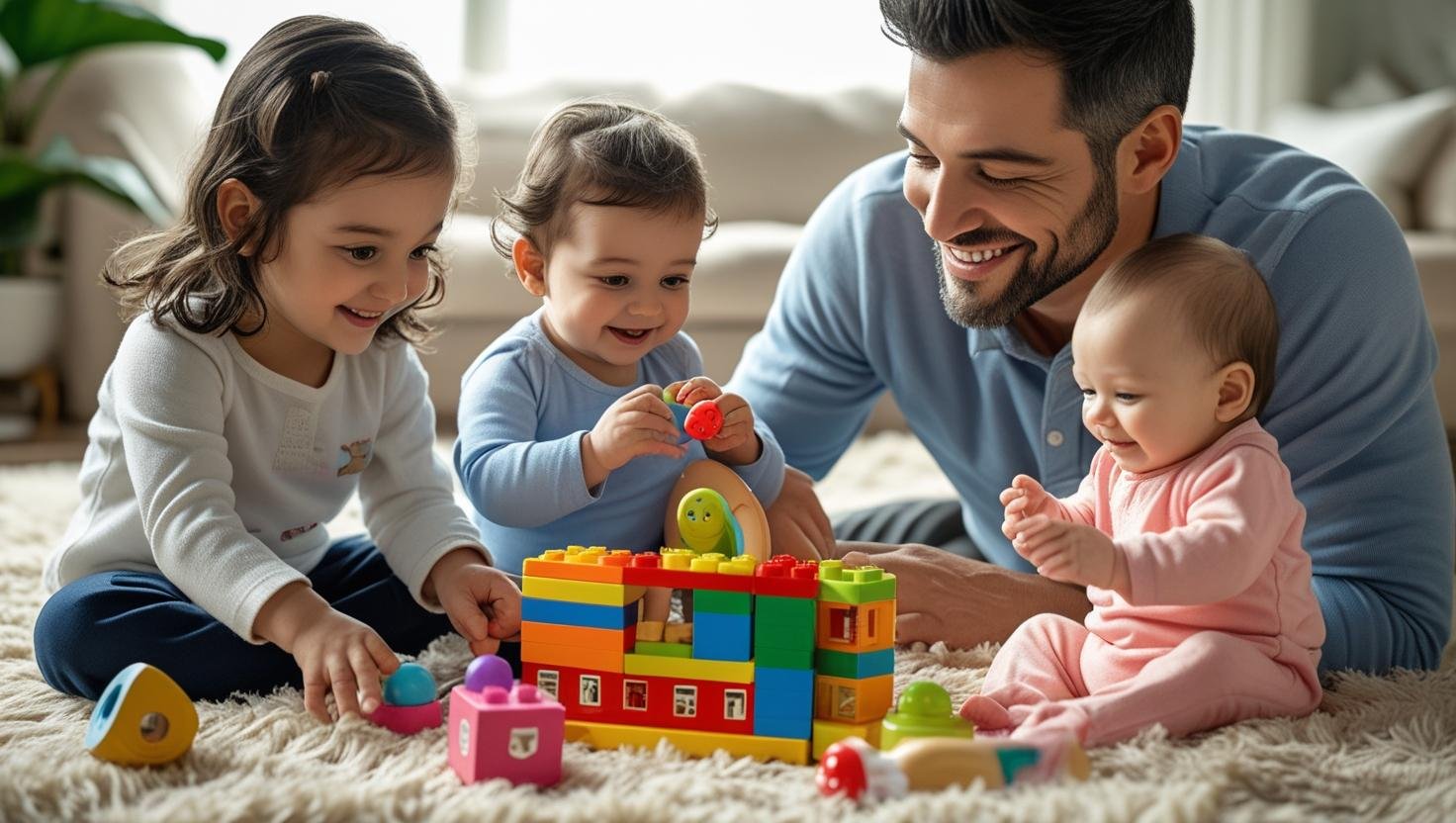 Landing Page create a pic where 3 Kids playing with their father with toys. 1st kid is 5 years girl 2nd kid is 2.2 years baby and 3rd one is 1year baby